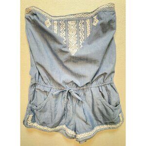 Hollister Women's Strapless Chambray Romper Size M Blue White Embroidery Stretch